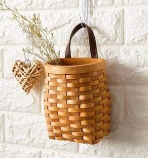 hanging wicker basket Hand-Woven Wood Storage Basket Portable Wall Hanging Flower Basket Organizer Fruit Vegetable Rattan Box Home Decoration Height 6.1in