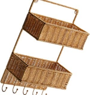 Woven Wall Mount 2-Tier Storage Sorter Basket with 5 Hooks Rattan Hanging Fruit Basket Kitchen Vegetables Organizers for Cutlery Condiment