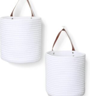 2 Pack Hanging Basket, Small Wall Baskets for Organizing, Wicker Boho Wall Decor Set, Indoor Hanging Plant Holder, Rattan Woven Storage Bin for Home Decor, Farmhouse Storage Box, White