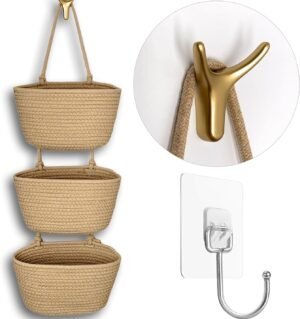 3-Tier Decorative Cotton Rope Hanging Basket, Wall-Mounted Woven Storage Organizer Bag, Jute