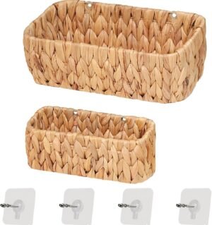 Woven Hanging Wall Baskets for Storage, Water Hyacinth Bathroom Wall Mount Organizer, Wicker Wall Baskets Decor for Letters and Mail, Food Storage Basket, Toilet Tank Basket, Set of 2