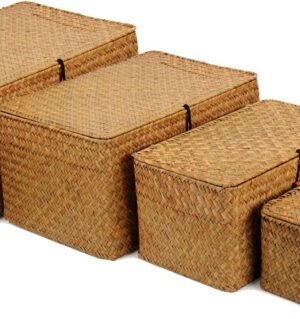 4 Pack, Wicker Baskets with Lids, Nautral Seagrass Storage Baskets, Woven Rectangular Basket Bins, Rattan Storage Organizer for Shelf