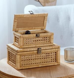Rattan Decorative Box, Boho Display Boxes with Lids, Set of 2 Rectangular Wicker Storage Basket, Natural Woven Cane Bins for Home Decor (Rectangular)