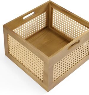 Wooden Storage Box, Square Bamboo Baskets for Organizing Woven Rattan Basket with Handles Rustic Farmhouse Cube Storage Organizer for Laundry Kitchen Fruit Home Office Magazine Closet Holder Large