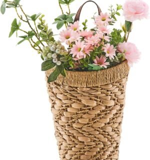 Handwoven Front Door Basket Water Hyacinth Wall Hanging Basket Decorative Boho Mounted Organizer for Dried Flower Plants Storage Basket for Garden, Home, and Farmhouse Décor