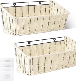 Wicker Hanging Basket, 2 Pack Storage Baskets for Organizing, Adhesive Wall Mount Fruit Basket, Kitchen Organization Hanging Shelves, Storage Cabinet Door Organizer, Off White