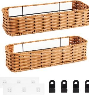 Hanging Wall Basket, Adhesive Wall-Mounted Organizer for Storage, 2-Pack Plastic Wicker Woven Storage Shelves for Kitchen Cabinets, Bathroom, Pantry, Brown Color