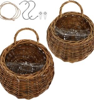2Pcs Round Hanging Planter Burlap Flower Basket Flower Hanging Basket Wall Hanging Garden Planter Rattan Storage Basket Round for Indoor Outdoor