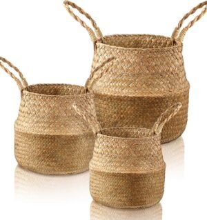 3 Set Seagrass Belly Storage Basket Woven Plant Pot Holder with Handles for Plants Picnic Grocery Laundry(Natural Color)