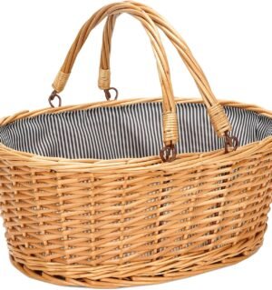 Wicker Picnic Basket with Double Folding Handles, Natural Large Empty Basket Cheap Easter Eggs Candy Storage Wine Basket for Toy, Flower, Wedding(Grey 16inch)