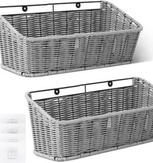 Wicker Hanging Basket, 2 Pack Storage Baskets for Organizing, Adhesive Wall Mount Fruit Basket, Kitchen Organization Hanging Shelves, Storage Cabinet Door Organizer, Off White