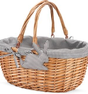 Oval Picnic Basket with Folding Handles, Willow Hand Woven Shopping Basket, Bath Toy Kids Toy Storage Gift Packing Basket, Wicker Empty Easter Eggs and Candy Small Gift Basket. Grey