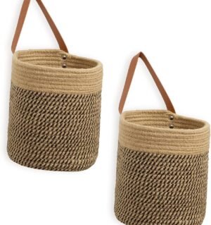 Wall Hanging Storage Baskets 2 Pack 7"(D) x 8"(H), Small Woven Hanging Baskets With Sturdy Leather, Wall Door Hanging Organizer for Plants,Key,Sunglasses,Wallet (Jute&Black)