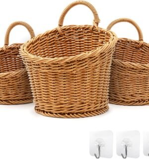 3 Pack Woven Storage Basket, Boho Wall Hanging Basket, Retro Farmhouse Decor, Plastic Hanging Fruit Basket For Organizing With Handle, Boho Room Decor, Bathroom, Door, Kitchen, Plants, Flowers