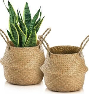 2 Pack Woven Seagrass Plant Basket with Handles, Ideal Wicker Baskets Storage Plant Pot Baskets for Laundry, Picnic, Plant Pot Cover, Beach Bag and Grocery Basket (L)