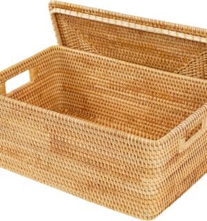 Rattan Basket With Lid,Large Storage Basket Lidded,Rattan Box For Shelf (16.5" L×12.6"W×7"H)