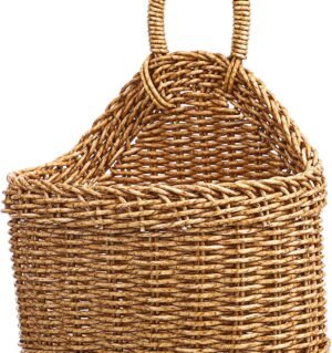 Woven Hanging Storage Basket for Kitchen Wall Mounted Organizer for Garlic Ginger Vegetables Rustic Woven Design