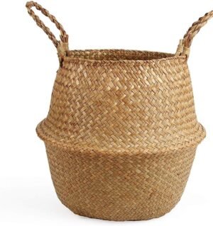 Woven Seagrass Belly Basket for Storage Plant Pot Basket and Laundry, Picnic and Grocery Basket (Medium, Original)