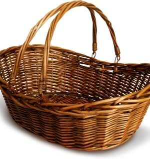 Small Wicker Basket with Handle - Dark Brown Hand Woven Harvest Basket - Wicker Flower Basket for Storage, Picnics, Easter, Organizing, and More (14 x 5.5 inches)