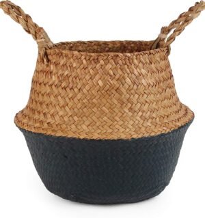 Woven Seagrass Belly Basket for Storage, Laundry, Picnic, Plant Pot Cover, and Grocery and Toy Storage (Small, Black)