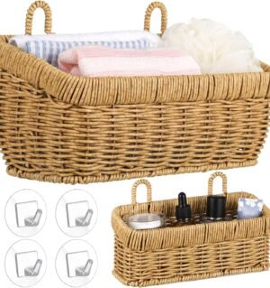 2 Pcs Woven Hanging Wall Baskets for Storage Boho Style Hanging Storage Plastic Woven Baskets with 4 Hooks for Kitchen Garden Living Room(Light Brown,Imitation Rattan Plastic)