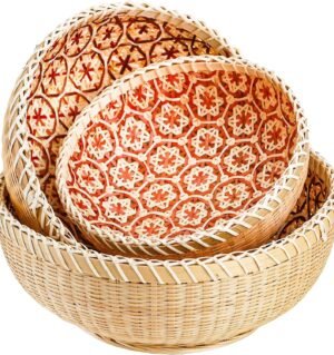 Set of 3 Wicker Woven Storage Basket, Bamboo Bread Basket Round Rattan Serving Basket Farmhouse Decor for Fruits, Vegetables, Potatoes, Stackable 9.6"/8"/7"
