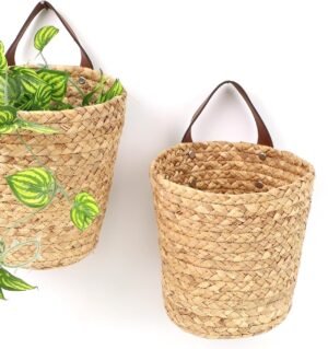 Water Hyacinth Hanging Storage Baskets 2 Pack Woven Wall Hanging Baskets for Organizing Flower Plants Boho Decor 7" x 7"