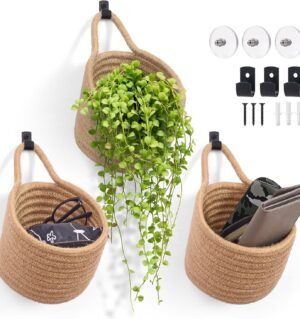 Fabric Wall Hanging Baskets - 3Pack Woven Pouchs Boho Style Wall Mounted Bag with Adhesive Hooks, Storage Organizers and Decoration Pocket Caddy Bins on Door Rack (Linen & Black, Large)