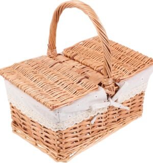 Picnic Basket Wicker Basket with Handle Lids Fruits Vegetable Basket Egg Storage Basket Wrapping Basket Gardening Basket for Camping Wedding B