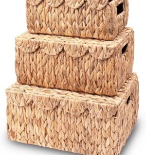 Scalloped Edge Wicker Basket with Lid, Rectangle Wicker Storage Basket with Built-in Handles, Multipurpose Organizer Rattan Display Boxes for Shelf, Nursery Room, Set of 3